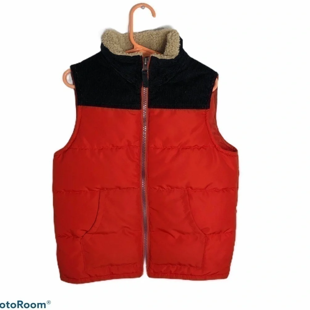 Carters Kids Puffer Vest Full Zip Sz 6 Black Red Faux Shearling Lined Kids Boys